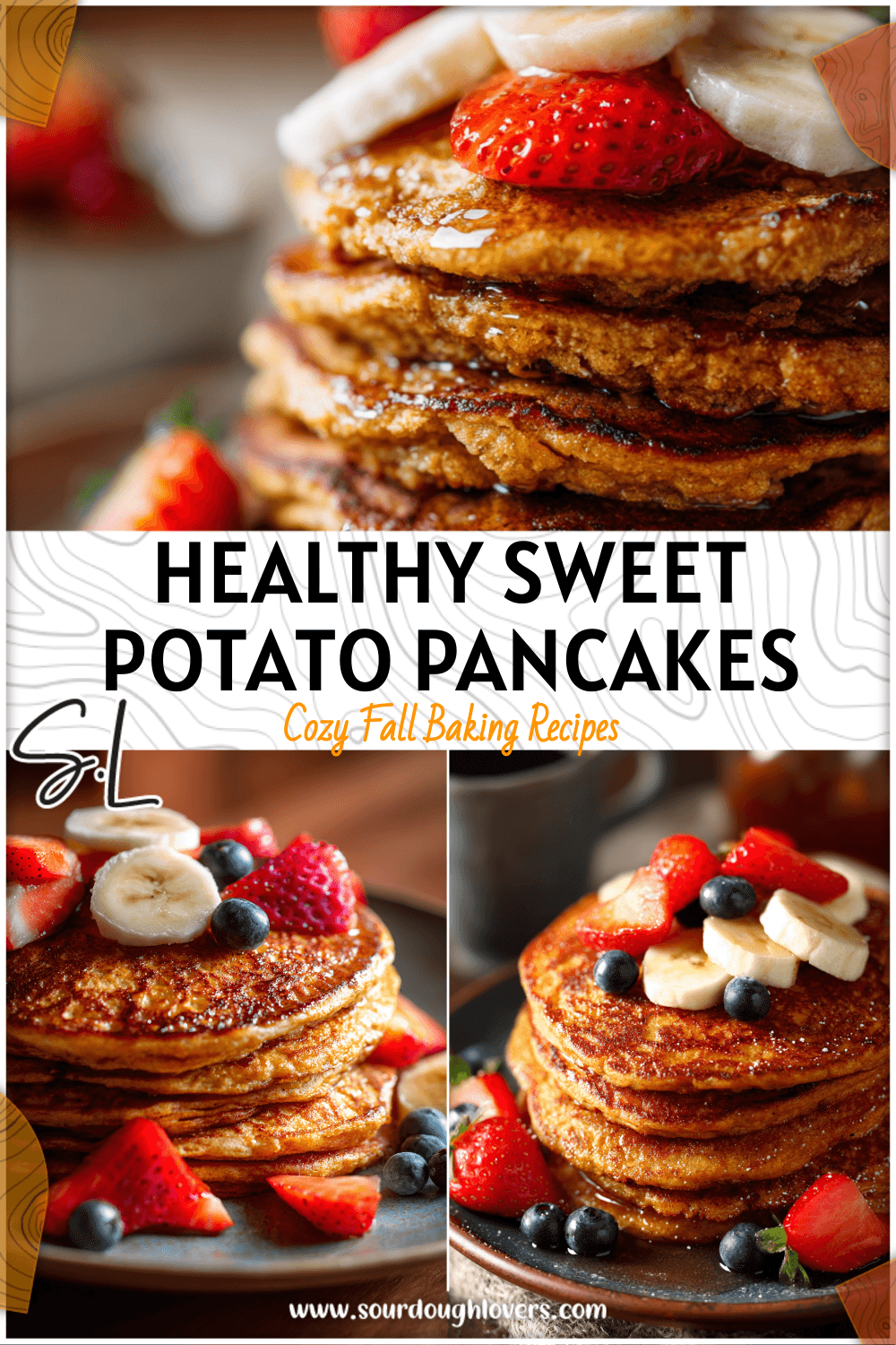 Plate of golden sweet potato pancakes topped with fruit for a gluten free dairy free breakfast.